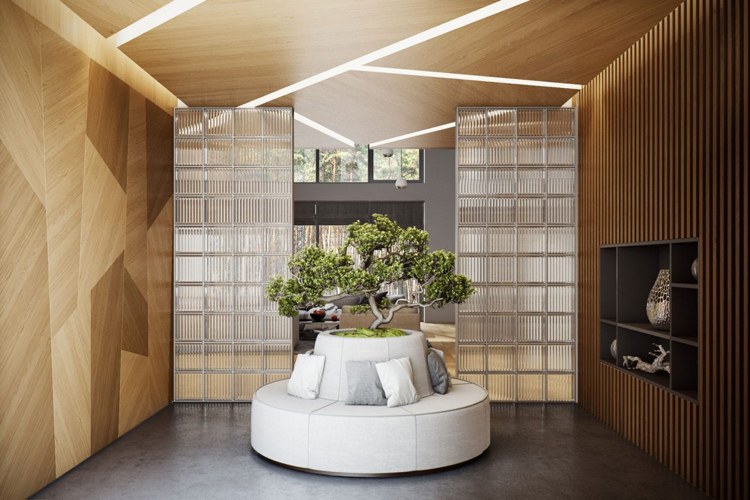 Rumsavdelare av glasblock -betonggolv-väggbeklädnad-träpaneler-bonsai