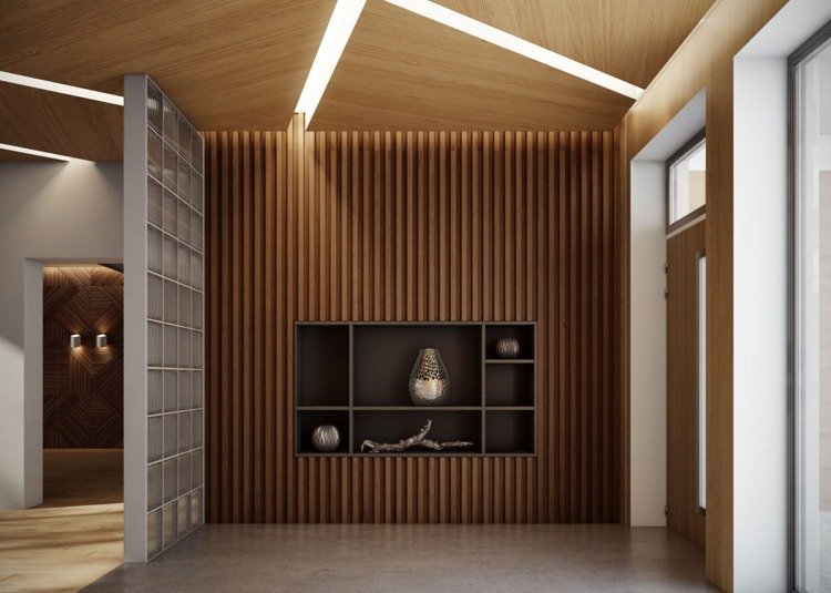 Rumdelare med glasblock -väggbeklädnad-träpaneler-betonggolv-modern-design