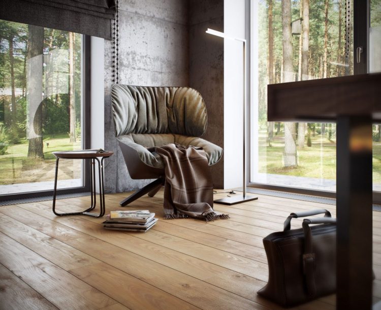 golvbräda-betong% cc% 88: e-fåtölj-komfort-modern-panorama-fönster-läshörna