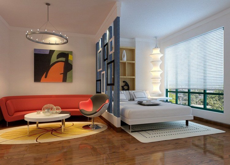 vardagsrum sovplats rumdelare fåtölj soffa geometriskt mönster färgat