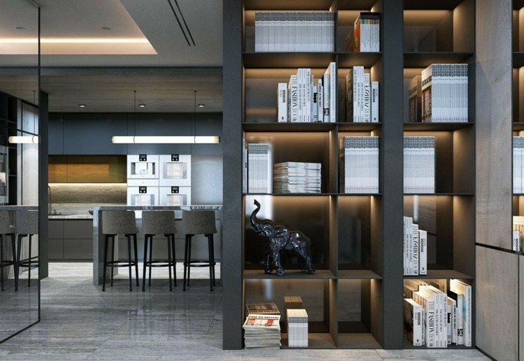 smal rumsdelare design enkelt modernt svart trä vardagsrum