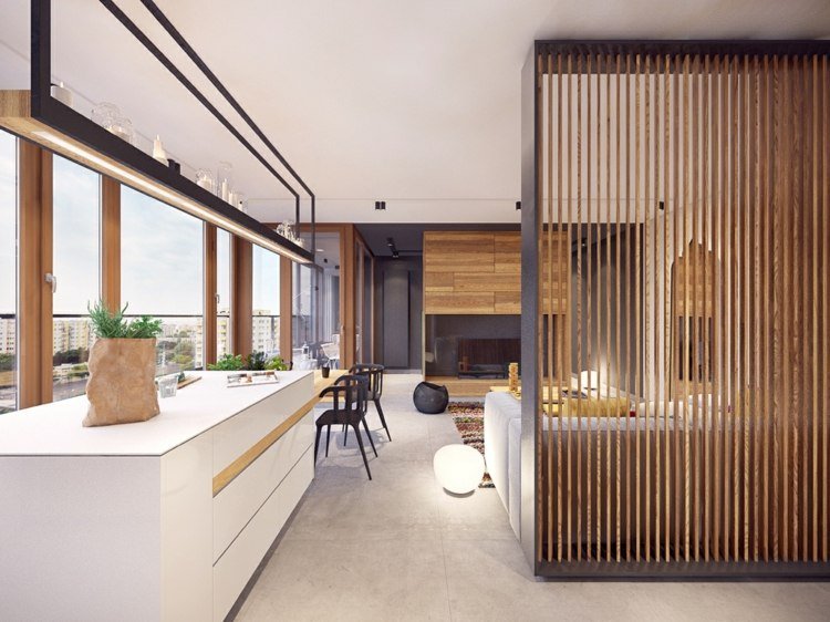moderna lägenhetsinredning designidéer rumsavdelare av trä