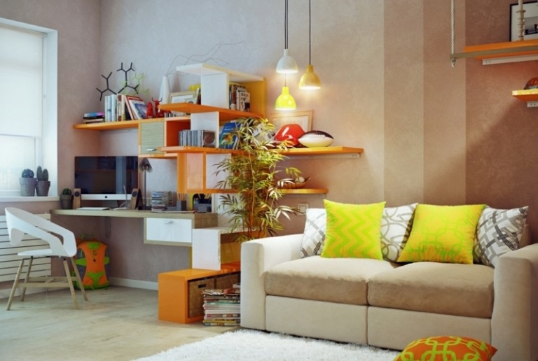 rumsavdelare för barnrumshyllor soffa beige interiör orange vit parkett