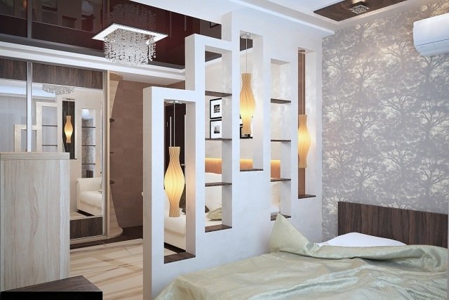 rumsdelare-sovrum-idéer-hylla-vägg-hängande-lampor-design