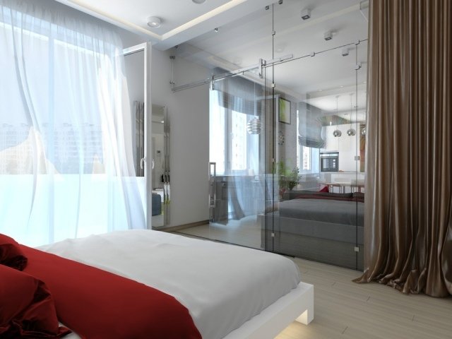 rumsavdelare-sovrum-vardagsrum-glas vägg-gardiner