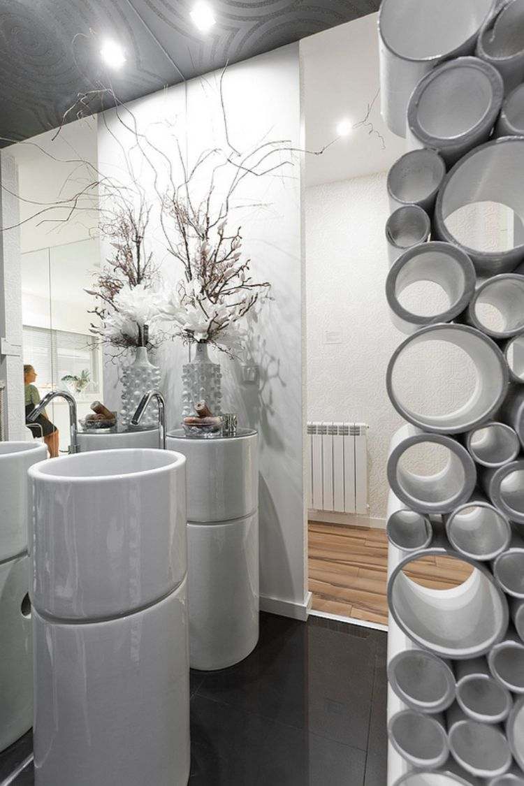 Gör själv rumsdelare idéer diy partition wall room divider badrum cirklar design diskbänk spegel