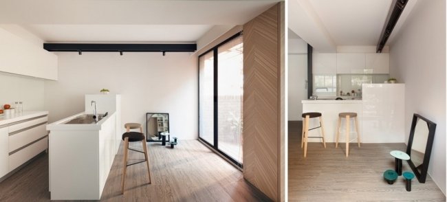 Små lägenhetsinredningar-minimalism vitt ljus hörnkök