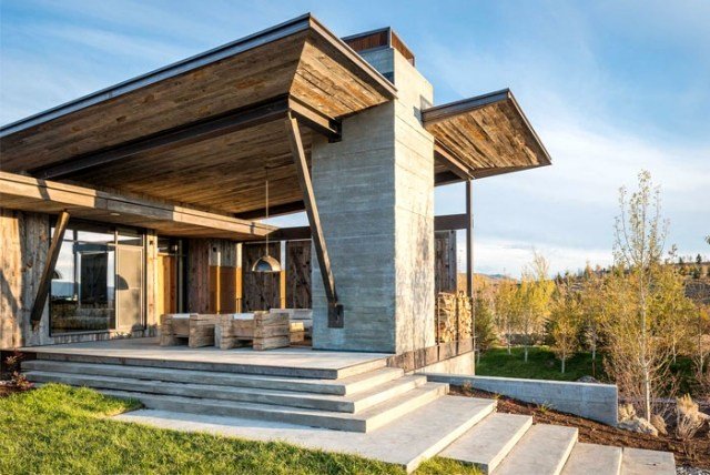 rustikt modernt hus bergen sten trä veranda
