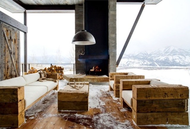 modernt hus massivt trä möbler utomhus spis snö