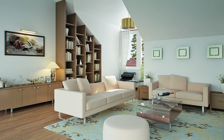 Hyllslutande tak-trä vägg-soffa-fåtölj-klädsel-vintage-ljus-trä golvmatta