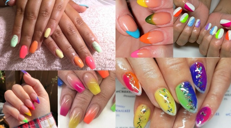 Neonfärger nagellack mandel nagelform lång nagelvård på sommaren