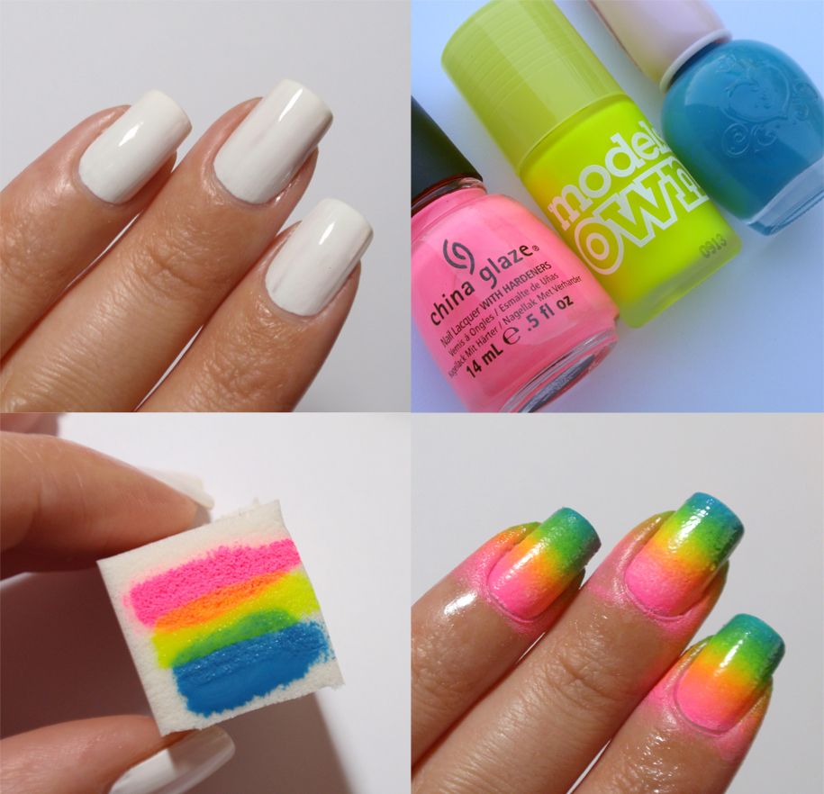 Rainbow naglar med svamp nagel trender ombre ser instruktioner lätt