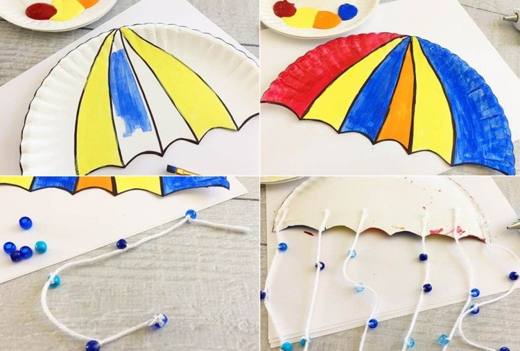 Gör paraplyet, rita sektioner, färga in och dekorera med snöre med pärlor