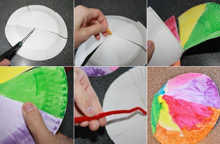 Paraply av pappersplattor i regnbågsfärger - instruktioner för barn
