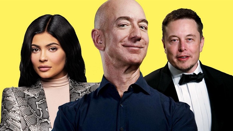 elon musk kylie jenner och jeff bezos i ett collage med gul bakgrund