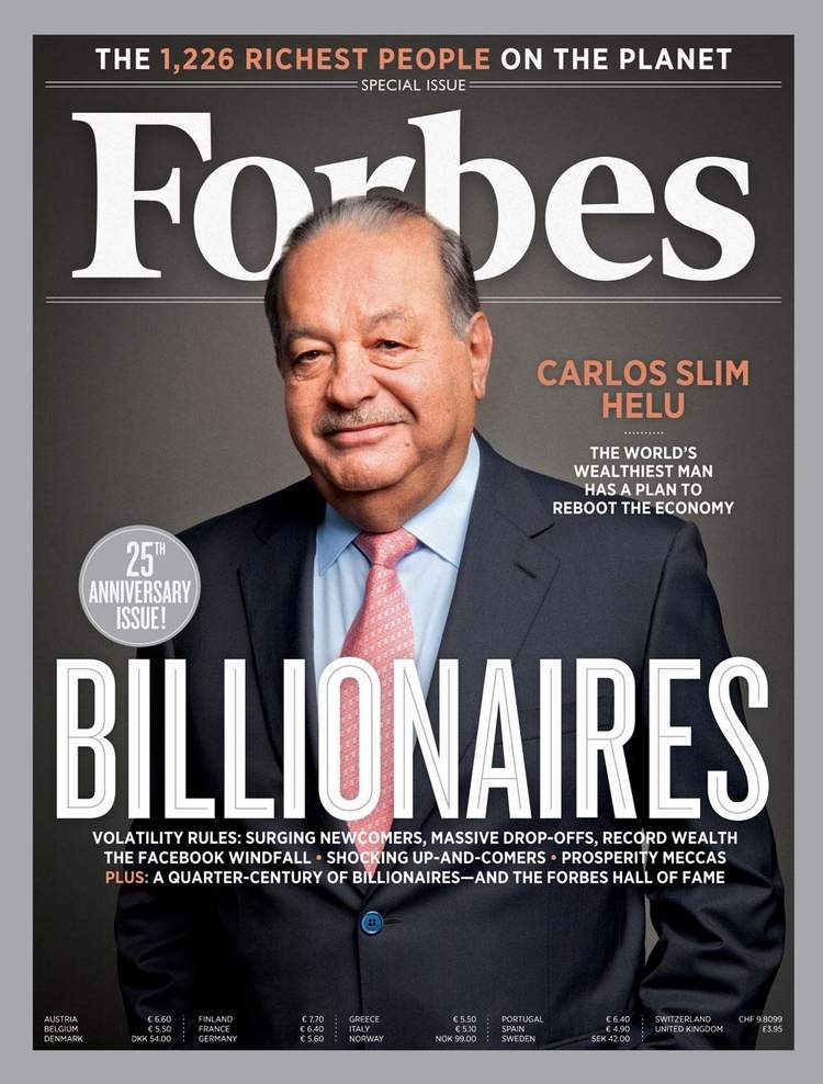 förstasidan av forbes med carlos slim helu som miljardär och en av de rikaste människorna i världen