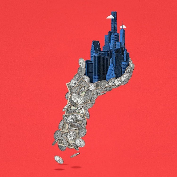 Kapitalismen skildras som en amerikansk stad med skyskrapor i en hand gjord av pengar