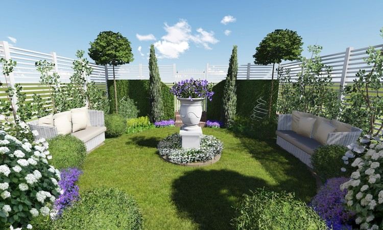 trädgård design-rektangulära-trädgård-växter-utemöbler