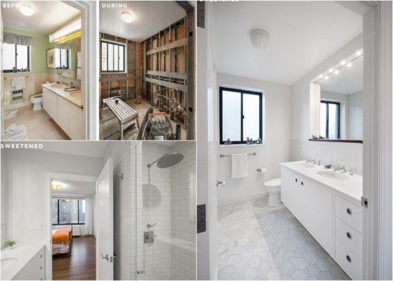 renovera-idéer-badrum-före-efter-ljus-grå-vägg-färg-vit-fåfängning-marmor-golvplattor