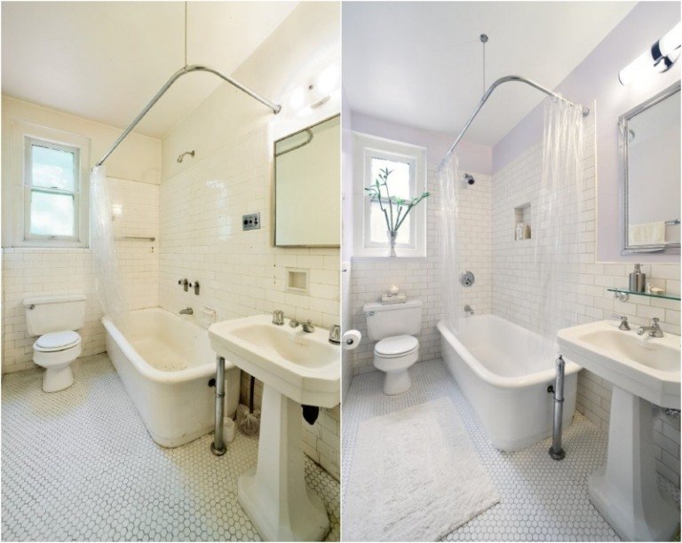 renovera-idéer-badrum-före-efter-lila-vägg-måla-vita-kakel-bad-dusch-gardin