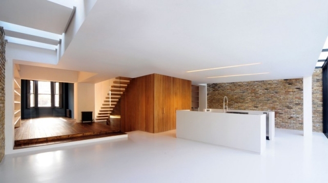 Loft designidéer kök med köksö-högglans vit-rustik vägg