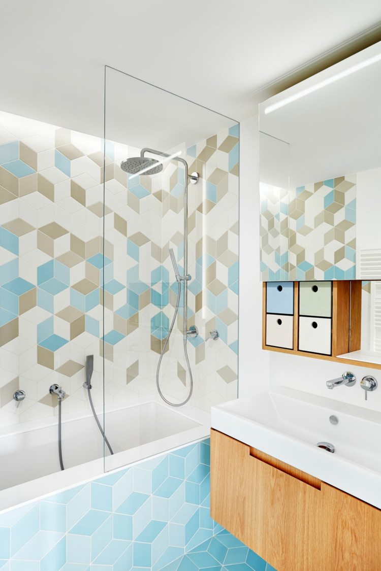 retro-inredning-3d-mönster-badrum-badkar-tvätt-skåp-ljusa färger