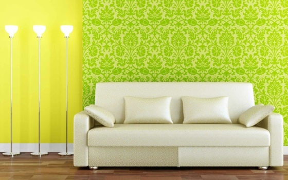 Klädd-soffa-med-motiv-vägg-design-grön