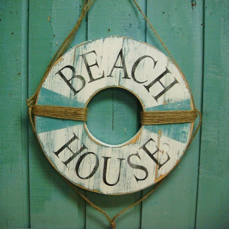 Livboj dekoration -strand hus-dörr-trä-vit-sladd-blå-turkos