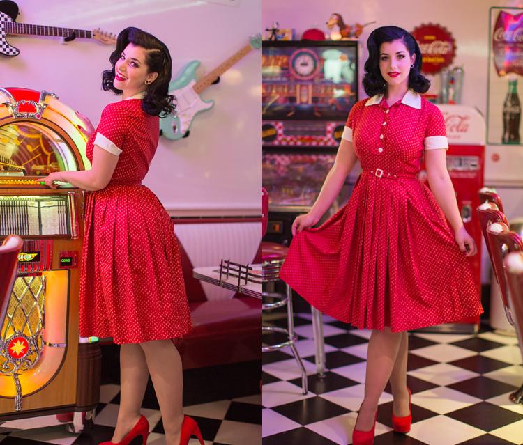 Mottoparty 50 -talets kostymidéer för kvinnors nyårsafton med röd rockabillyklänning med prickar
