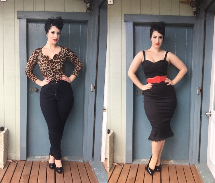 50 -talstema outfit outfit idéer för kvinnor svart penna kjol och tight topp och rött bälte eller blus med djur tryck och svarta jeans