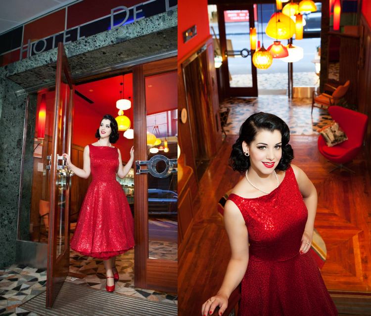 Motto party retro 50 -talet för nyår organiserar röd rockabilly aftonklänning med paljetter