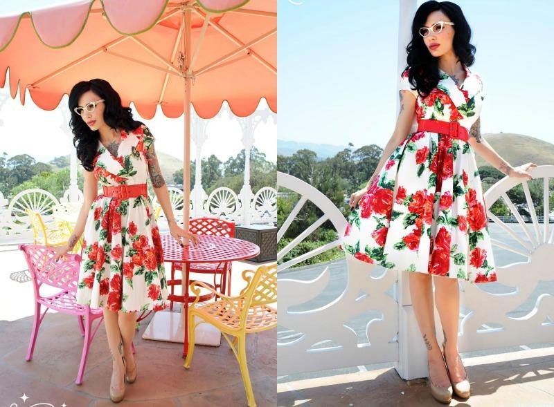 Rockabilly klänning-blommotiv-ros klänning