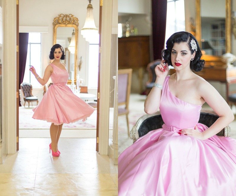 Rockabilly-klänningar-rosa-asymmetriska-bröllop