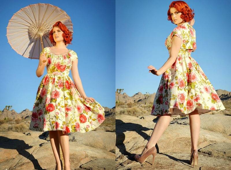 Rockabilly-klänningar-blommiga-motiv-romantiska-korta ärmar