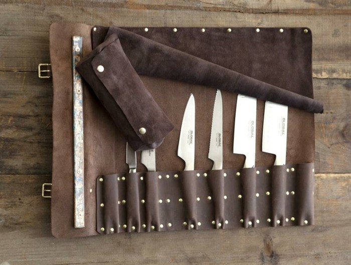 Läderrullepåse brun ädel accessoar kockkniv