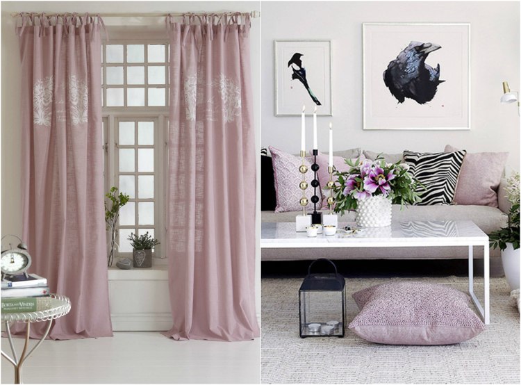 Romantisk stil levande-pastell rosa-gardiner-örngott-vardagsrum-svart-vitt