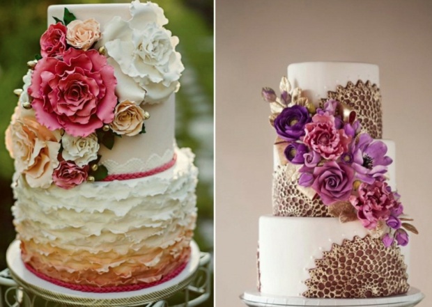 Bröllopstårta lila rosa sockerblommor orange detaljer