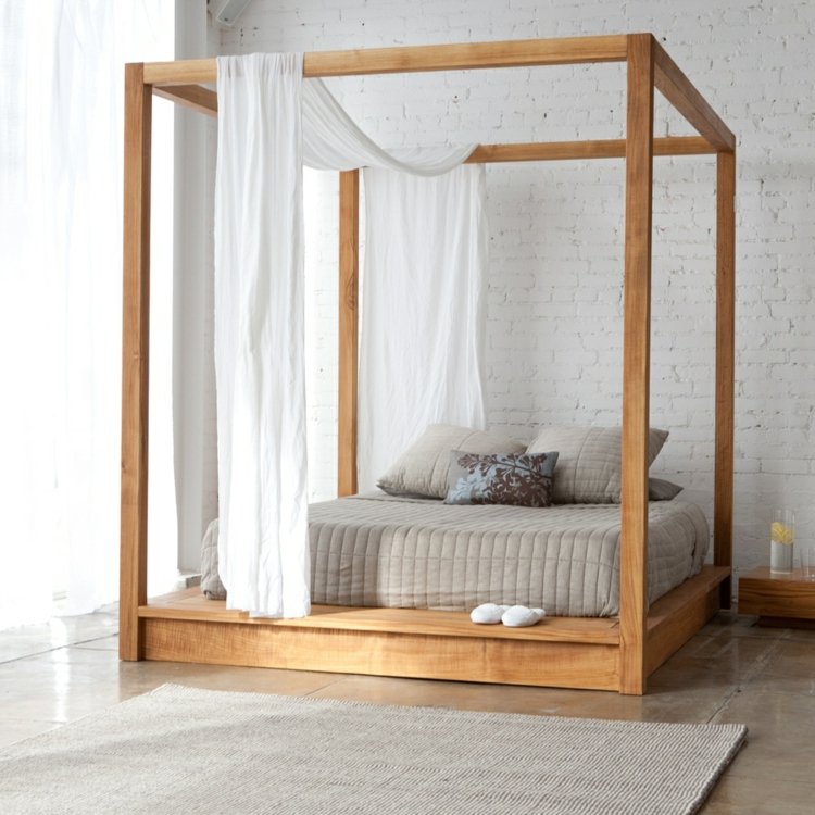 romantiskt sovrum modern-säng-idé-tegel-vägg-himmelssäng