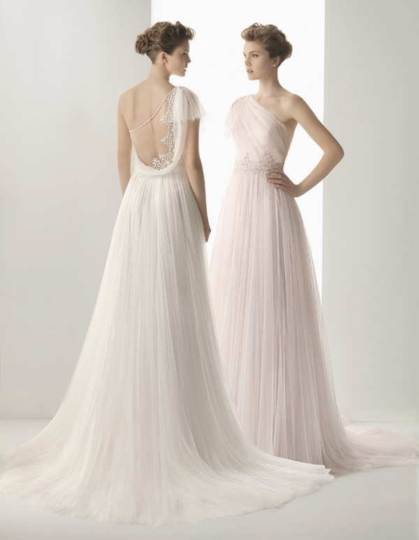 rosa clara bröllopsklänningar 2014 empire line one shoulder chiffong