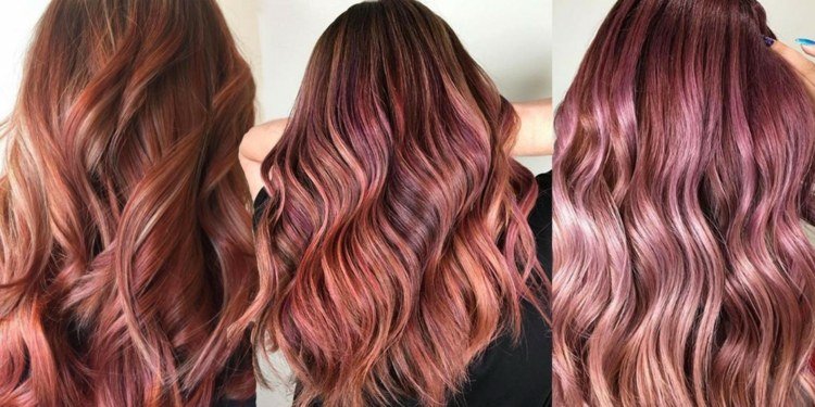 Rosa brun hårfärg lila höjdpunkter markerar frisyrer för brunetter olaplex hårtrender kvinnor