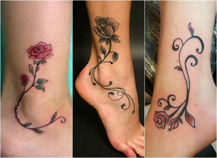 Rose tendril tatuering fot fotled