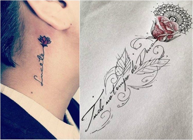 Rose tendril tatuering säger hals teckensnitt