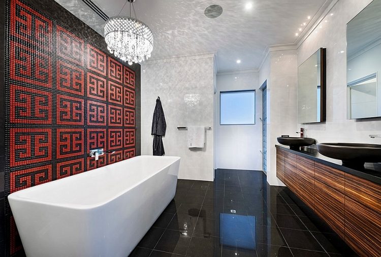 Rött i badrummet svart-trä-skåp-röd-mosaik-vägg-badkar-bostad-attityder