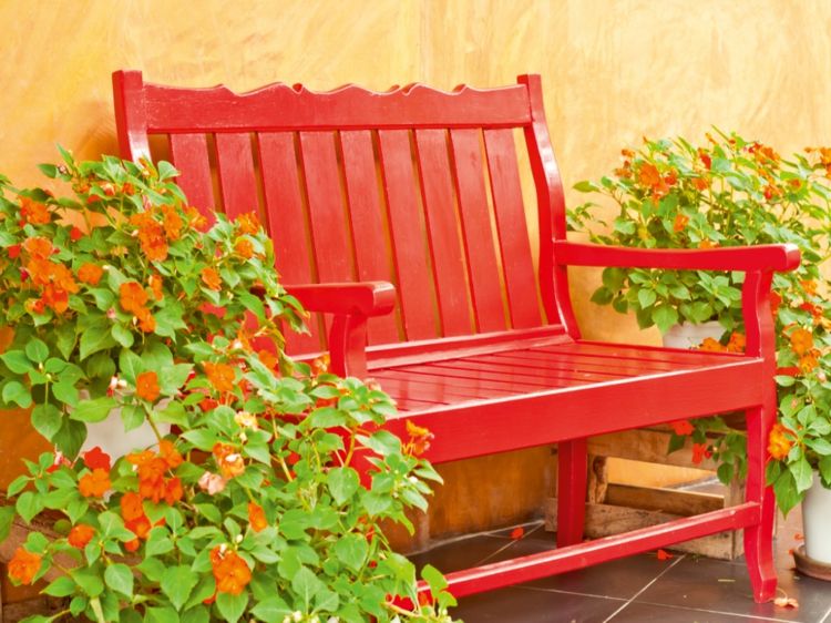 röd i trädgårdsbänken-idé-blommor-apelsin-blommar-medelhavsväggdesign