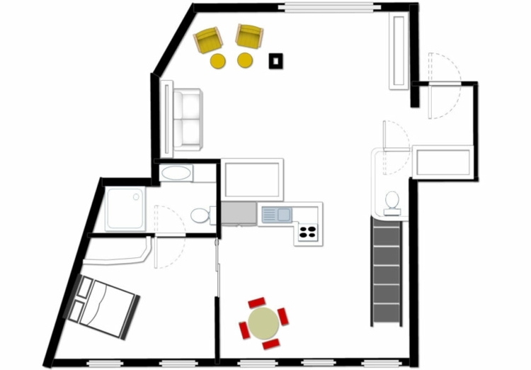 röd-gul-planritning-lägenhet-första-våningen-vardagsrum-gäst-toalett