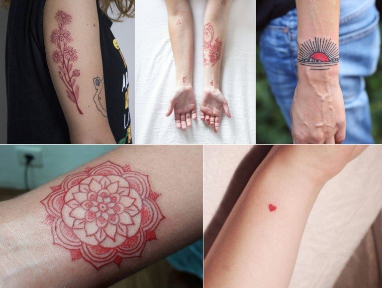 Röda tatueringar för armar med mandala, blommor, hjärta och solnedgång