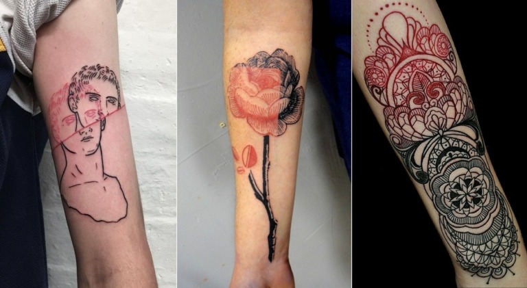 Kombinera röda tatueringar med svart för mandalor, porträtt och blommor