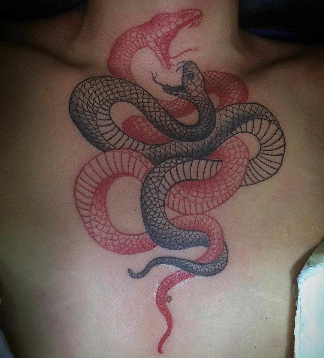 Ormar i rött och svart på ett herrbröst