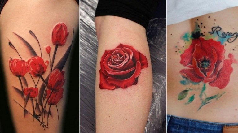 Idéer för röda blommor som ros och vallmo i akvarell eller 3D