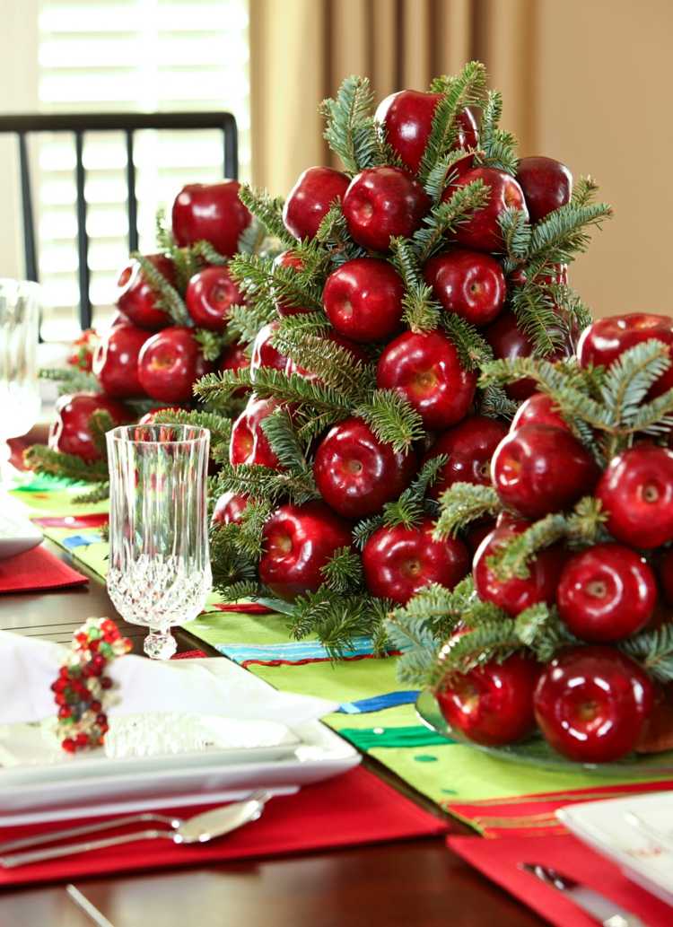 röd juldekoration idéer äpple arrangemang granar bordsdekoration